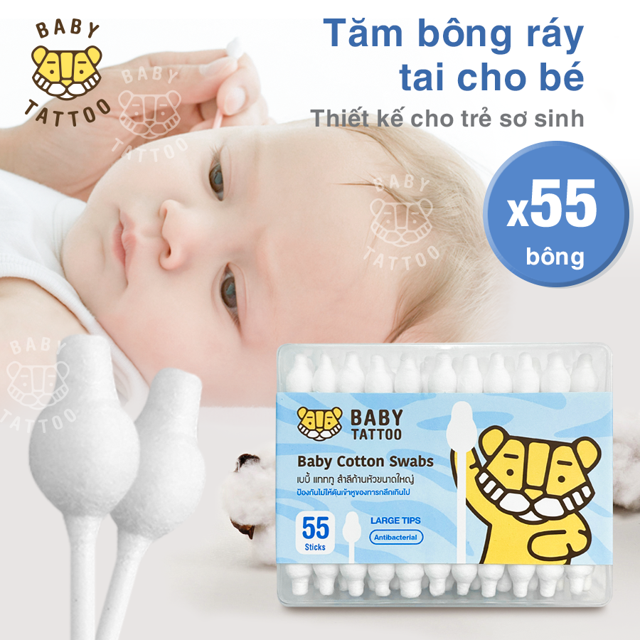 Hộp 55 cây Bông tăm nụ bông, đầu to cho trẻ em,tăm bông trẻ em bông tắm cho bé dễ dàng vệ sinh