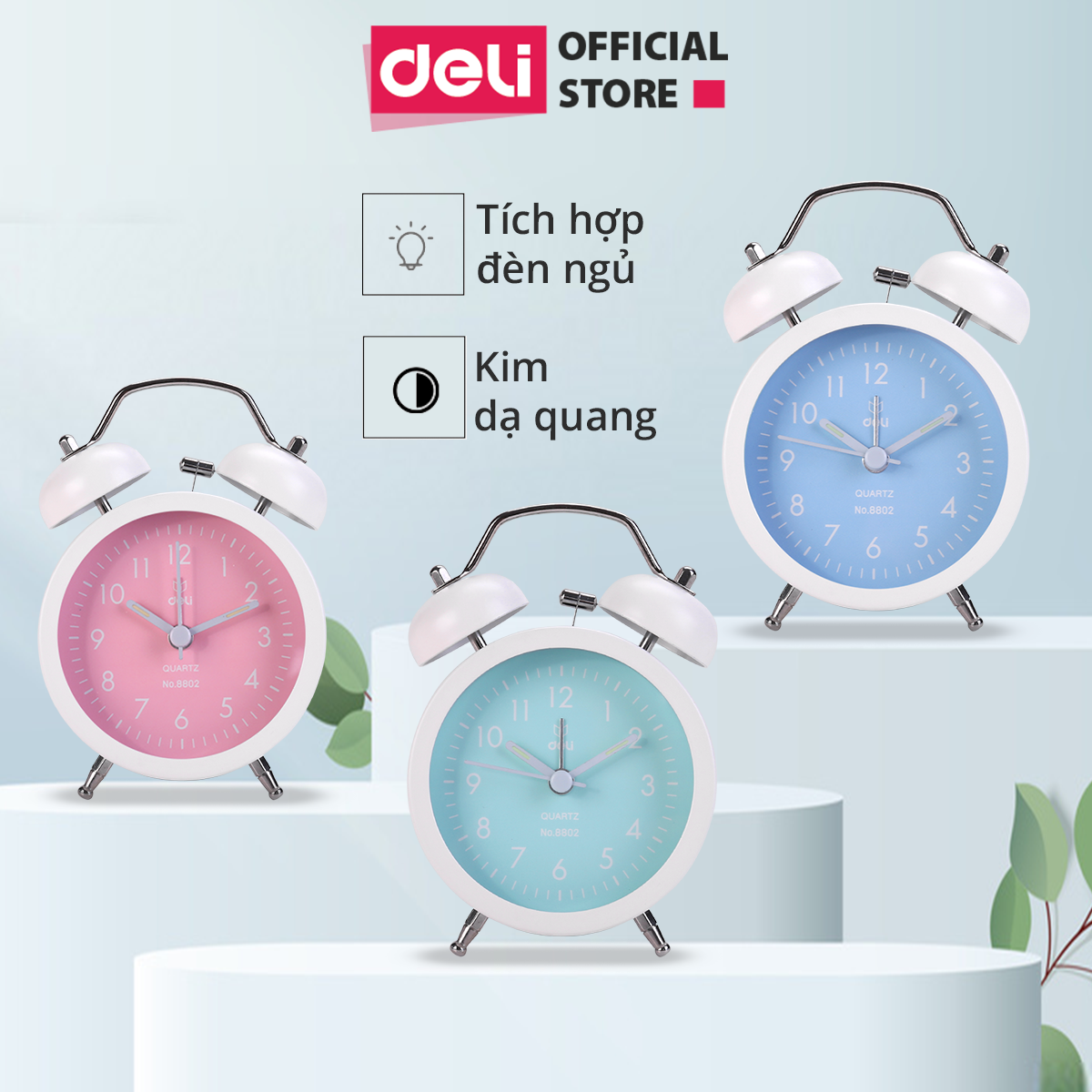 Đồng hồ báo thức để bàn chuông đôi Deli - kim đồng hồ chạy yên tĩnh, hẹn giờ cho phòng ngủ, sang trọng hiện đại - 8802