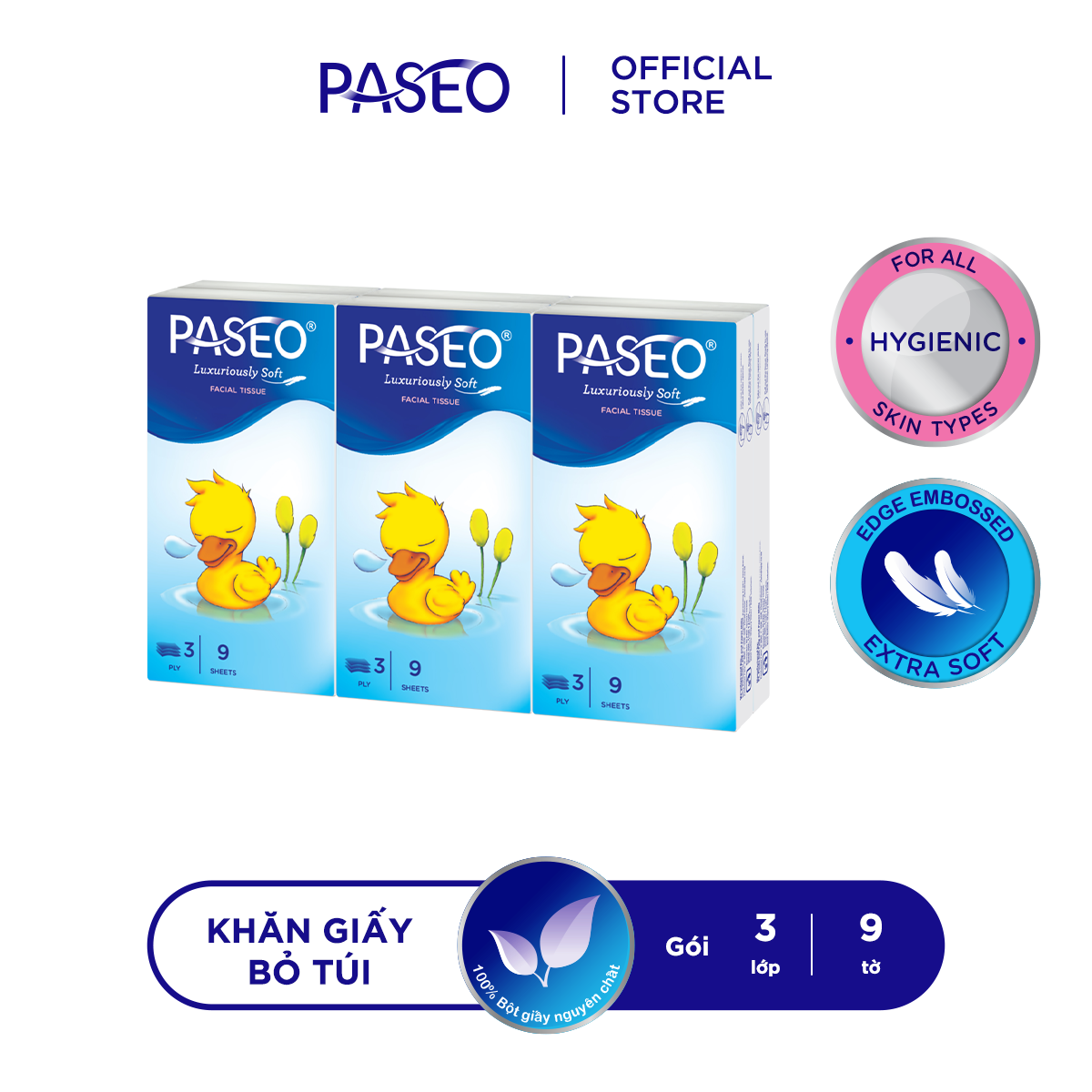 Khăn giấy rút bỏ túi Paseo nhỏ gọn, tiện lợi, dễ mang theo (9 tờ 3 lớp)/gói - (6 gói)/lốc