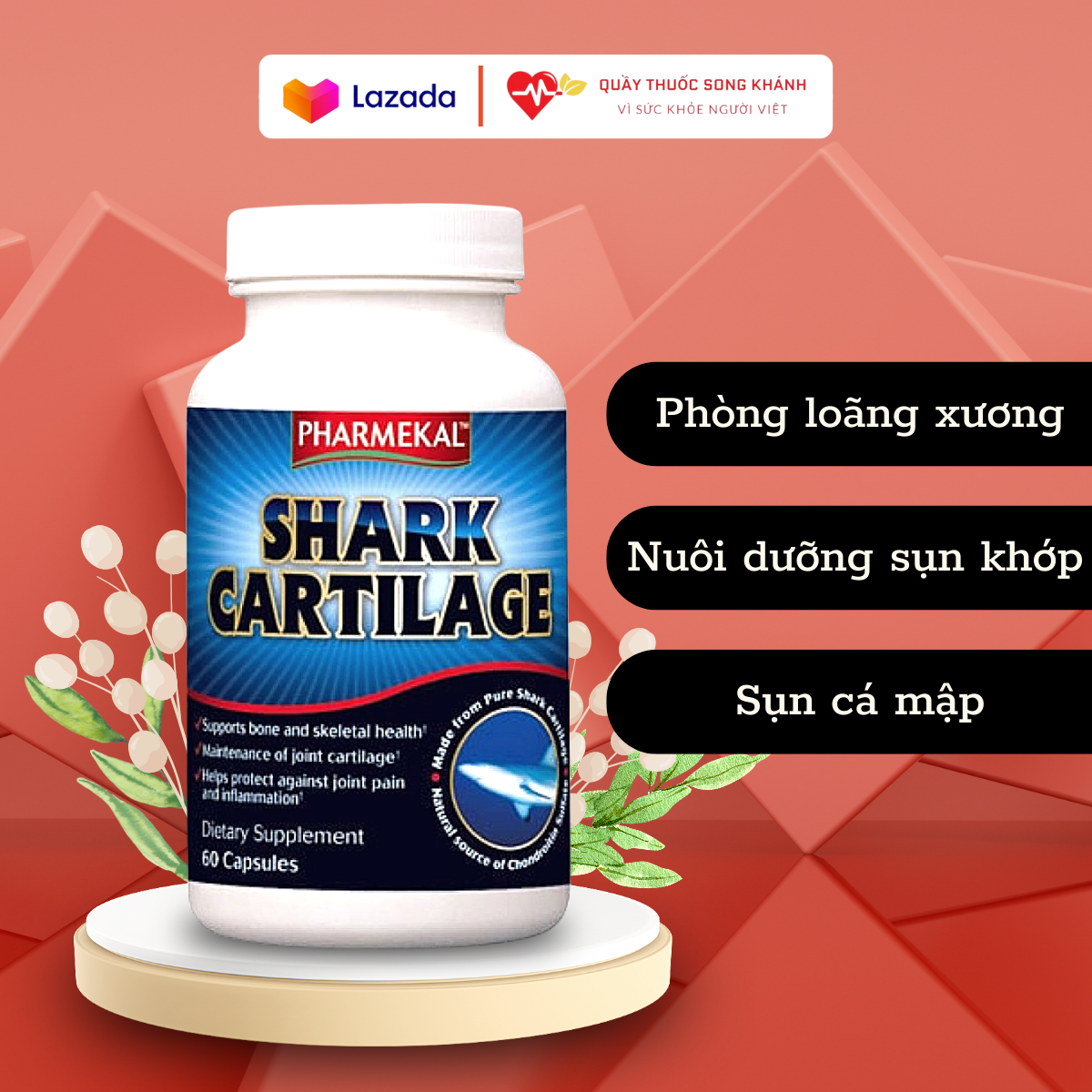 Viên uống Sụn Cá Mập Pharmekal Shark Cartilage 740mg Mỹ 60 viên