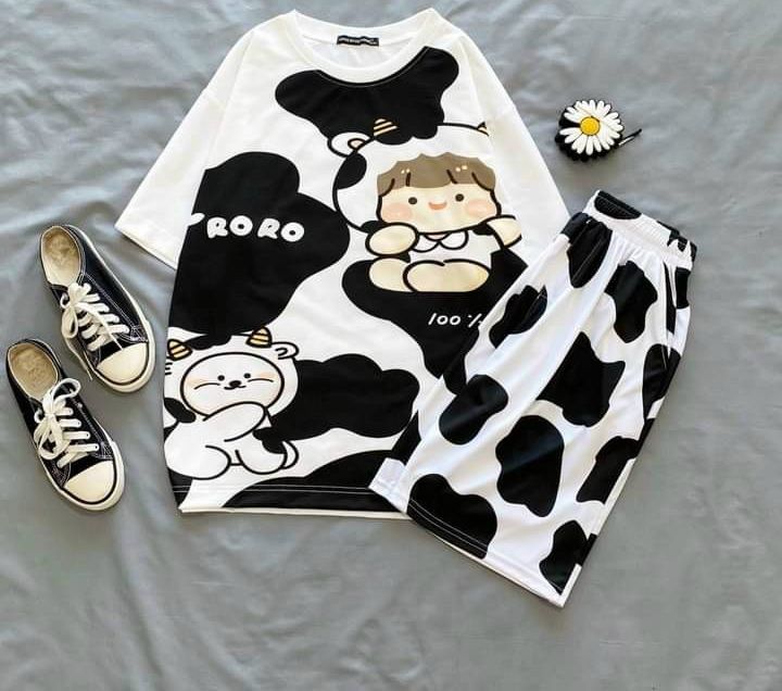 Sét bộ short đùi chú bé bò sữa phối quần loang màu bò sữa cute TTSLA0530