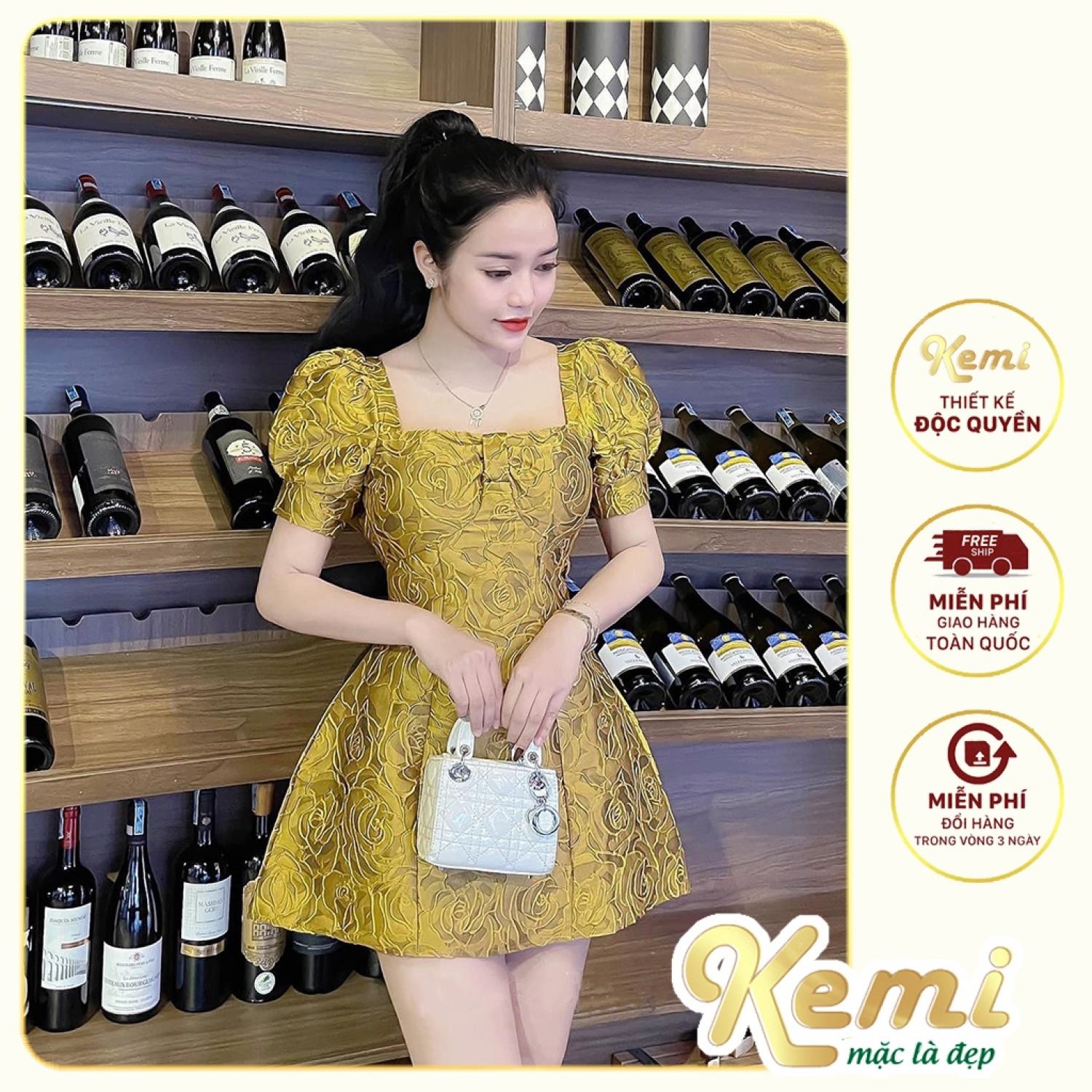 Đầm gấm hoa cổ vuông tay phồng váy xòe cao cấp kiểu dáng Kemi mặc sinh nhật, đi tiệc cưới
