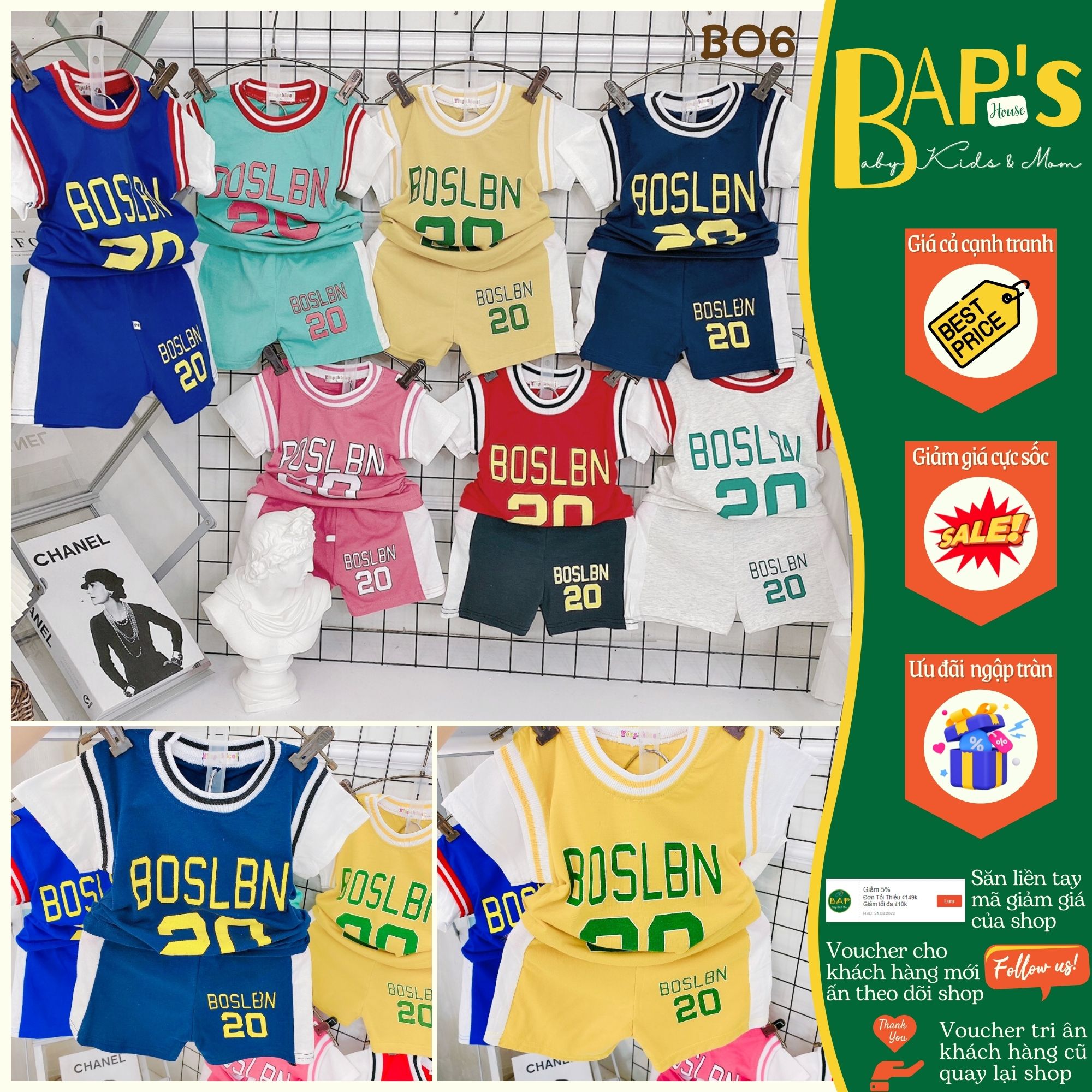 Bộ cộc tay bé trai bé gái , bộ thể thao bé gái bé trai in số bap's house bo6