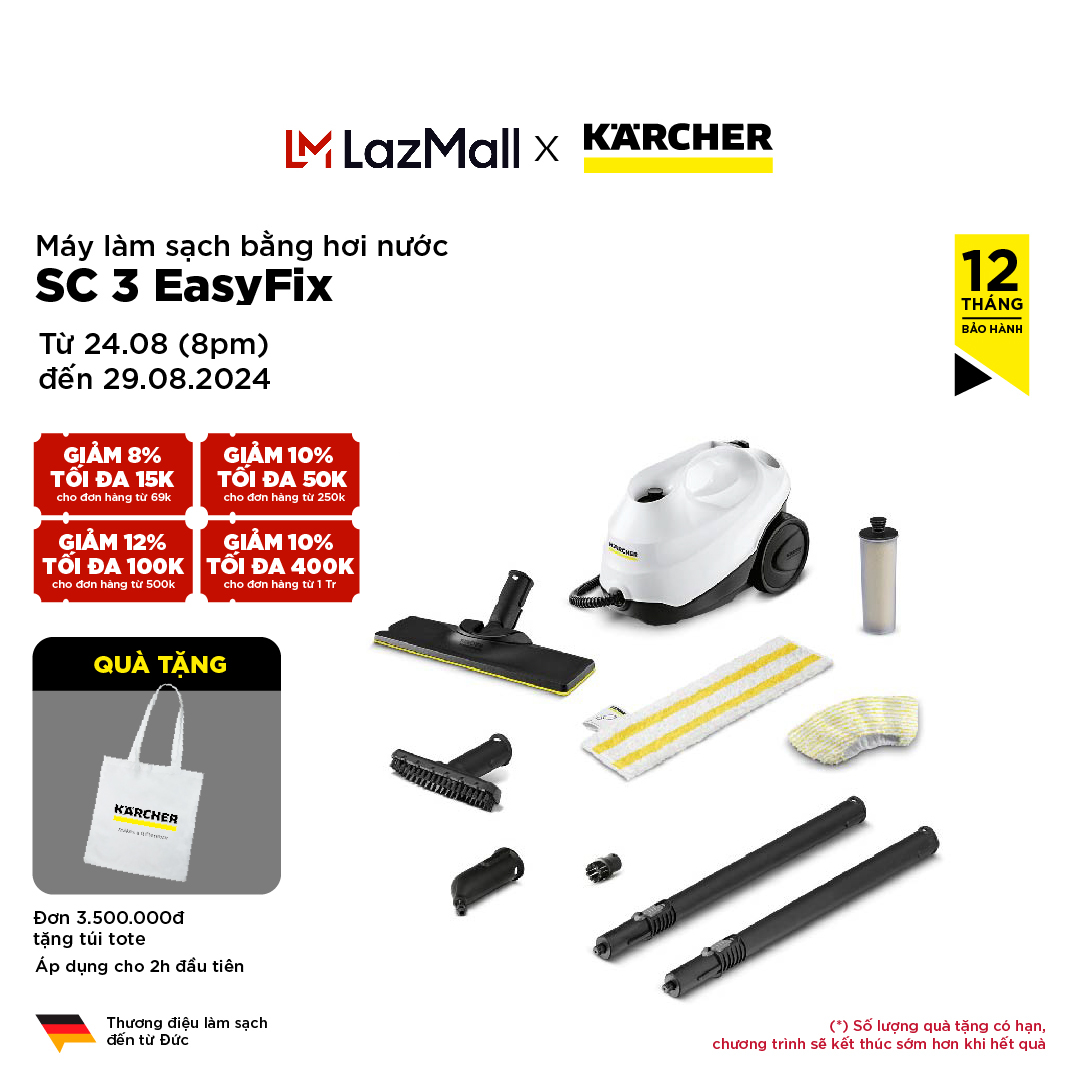 [Sản xuất Đức] Máy làm sạch bằng hơi nước nóng Karcher SC 3 EasyFix 1900W, làm nóng nhanh 30 giây, diện tích làm sạch đến 75m2