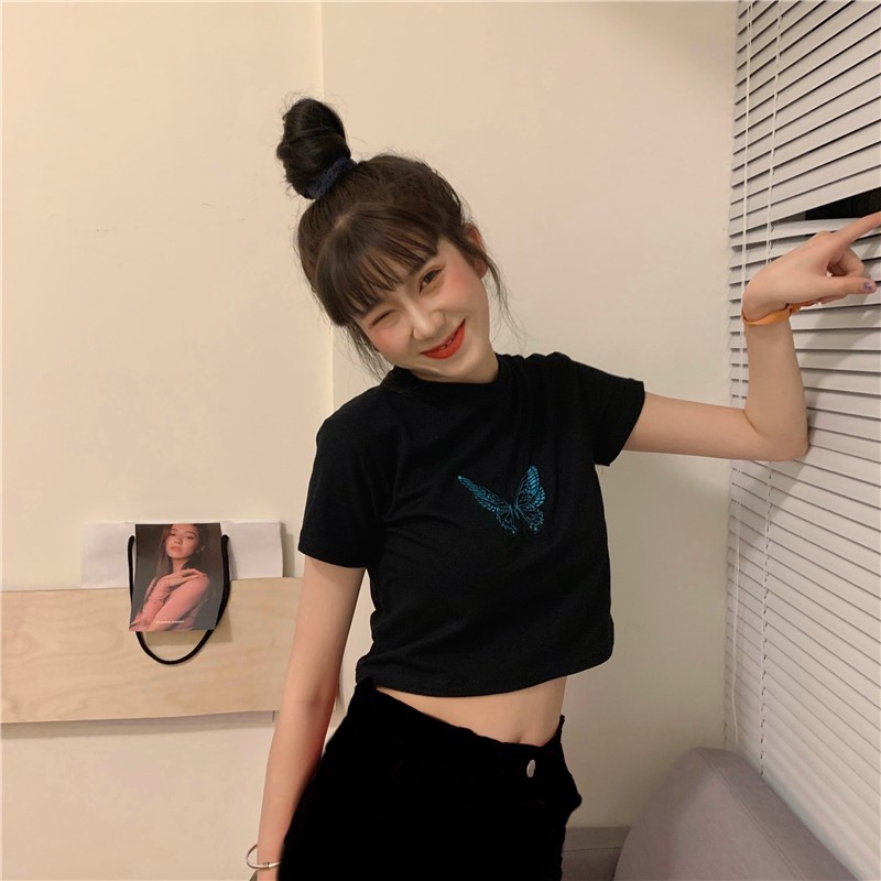 Áo croptop cộc tay thêu BƯỚM cực xinh