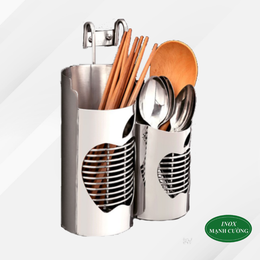 Ống đũa 2 ngăn inox hình táo cao cấp - Ống đựng muỗng đũa tròn 2 ngăn hình táo inox cao cấp 304