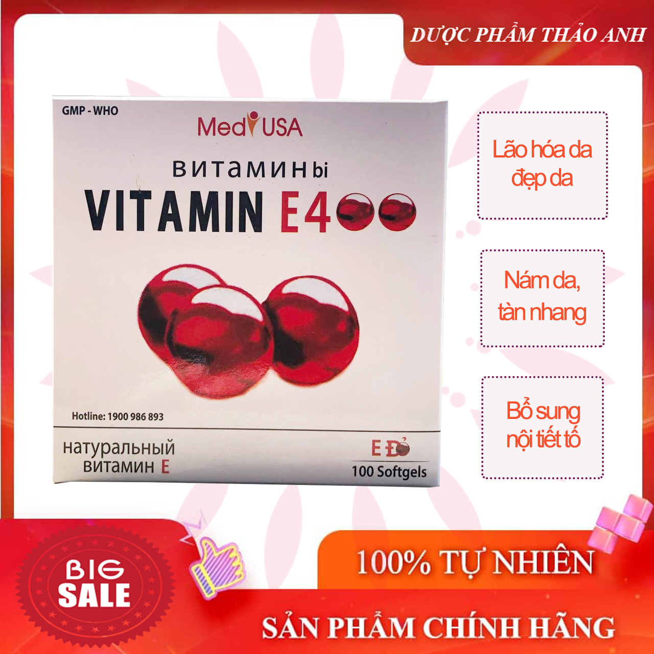 Viên uống vitamin e400- e đỏ- giúp đẹp da, sáng da, hạn chế lão hóa da- hộp 100 viên hsd 2024