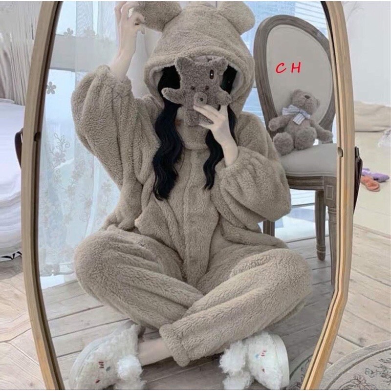 Bộ ngủ gấu lông kèm miếng đắp cổ CH12 bộ lông mặc nhà siêu ấm bộ đồ mặc nhà nữ mùa đông