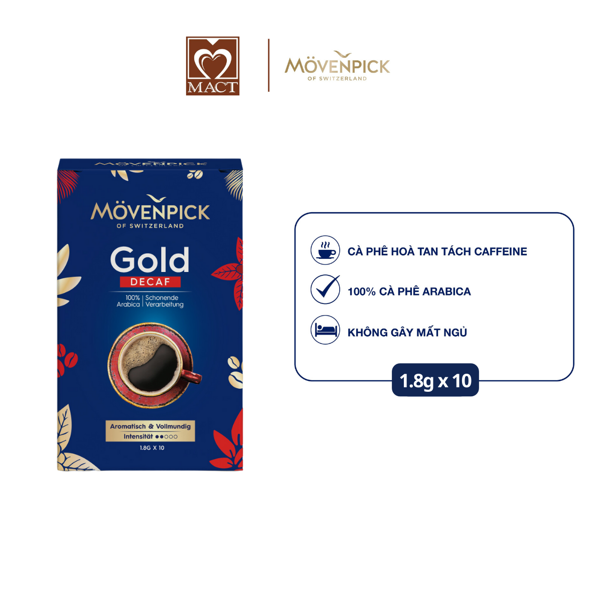  Cà phê hoà tan dạng thanh tách caffeine MOVENPICK DECAF - 100% Hạt Arabica - Vị chua dịu Không gây mất ngủ - thanh 1,8g 