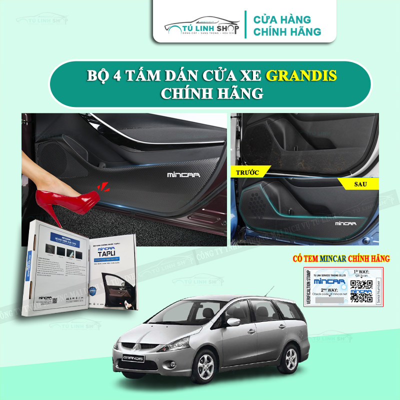 Bộ 4 Tấm dán Tapli xe GRANDIS chính hãng MINCAR, chống xước tapi cửa ô tô bằng Carbon Air Fiber cao cấp