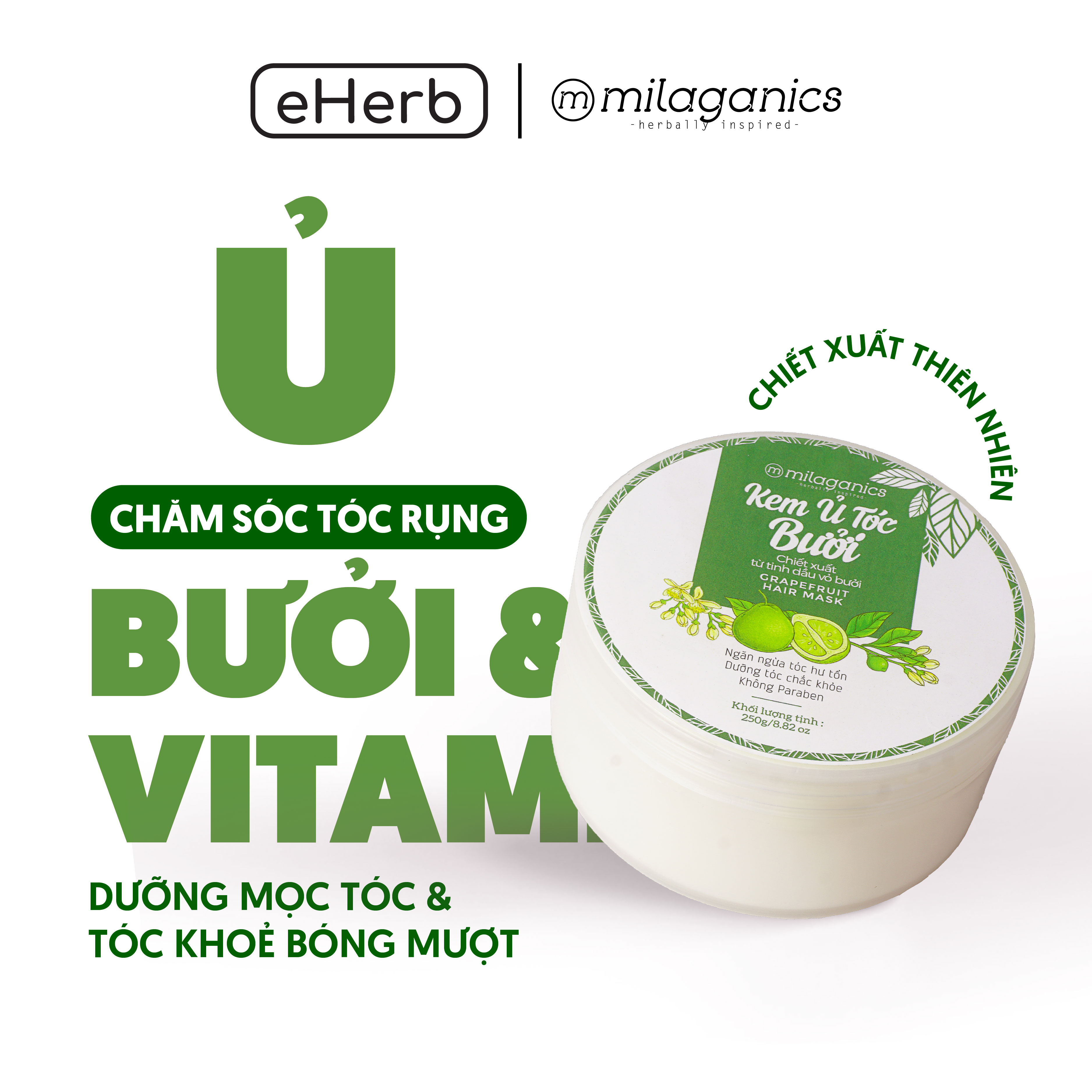 Kem ủ tóc bưởi milaganics phục hồi tóc hư tổn, kích thích mọc tóc từ tinh dầu bưởi nguyên chất 250gr