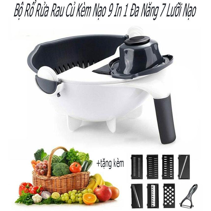 Bộ Dụng Cụ Nạo Rau Củ Quả Kèm Rổ 9 Trong 1 Đa Năng Tiện Dụng, Dụng cụ đa năng 9 in 1 tiện dụng đi kèm 7 lưỡi tạo 7 kiểu cho các món ăn của bạn Bảo hành uy tín toàn quốc