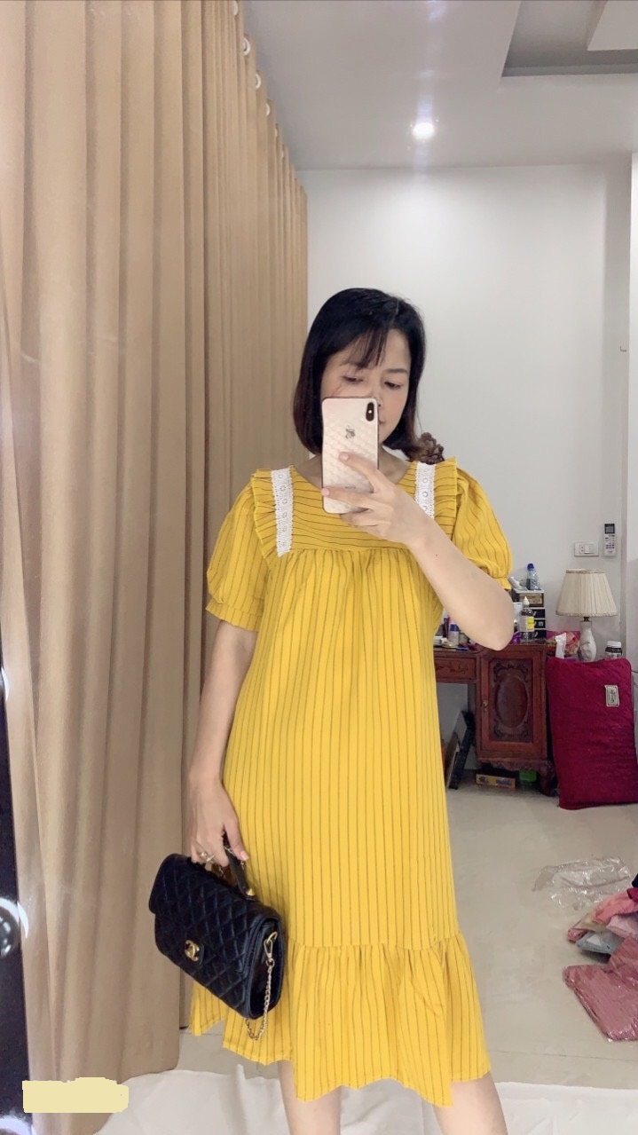Váy bầu, đầm bầu cộc tay thiết kế kẻ phối ren xinh mới