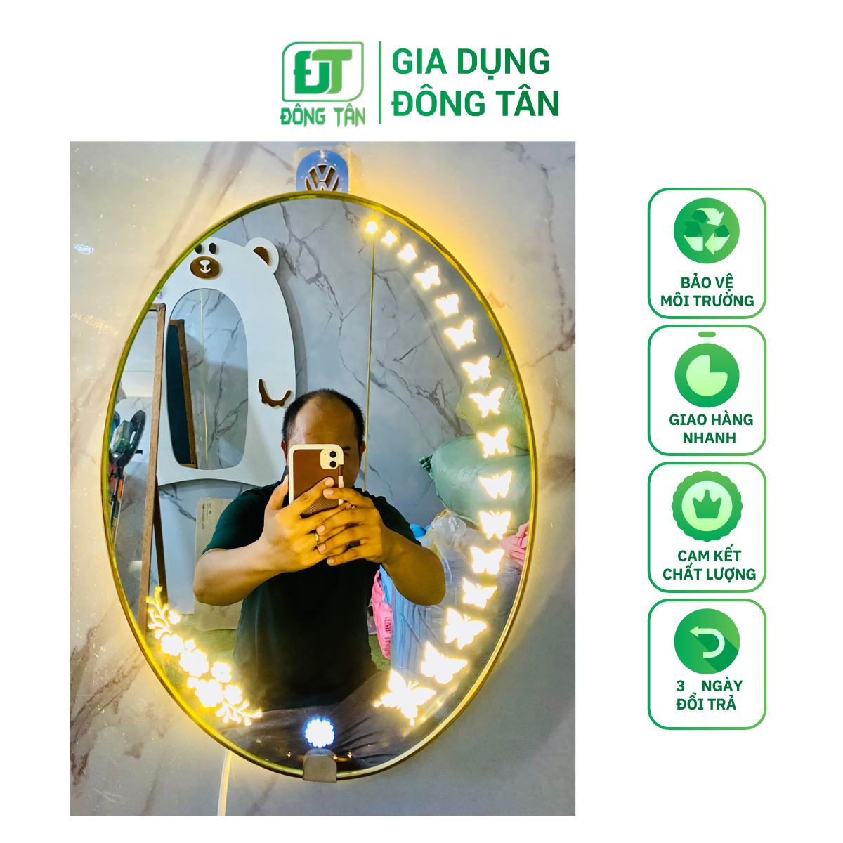 Gương led elip treo tường đông tân, gương trang trí, gương treo bàn trang điểm, nút cảm ứng 3 màu, không cần lắp đặt