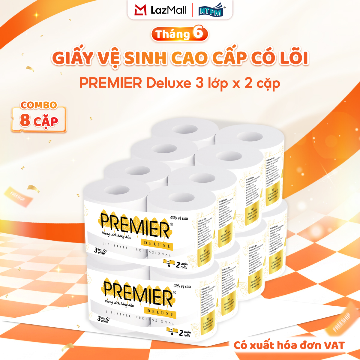 [COMBO 8 CẶP - 16 CUỘN] Giấy vệ sinh cao cấp PREMIER Deluxe có lõi, 3 lớp - 100% bột giấy nguyên sinh, không chất tẩy, 2 cuộn/cặp – Chính hãng