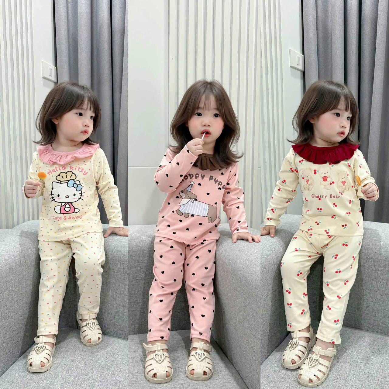 Bộ thun dài tay hello kitty puppy hoa nhí cổ bèo xinh xắn điệu đà co giãn dễ thương thu đông phong cách hàn quốc cho bé gái