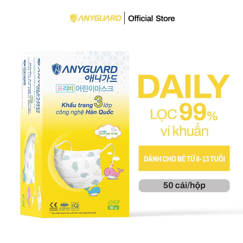 Khẩu Trang Y Tế 3 Lớp Cho Bé Từ 8 -13 Tuổi Kháng Khuẩn 99%, Quai Đeo Siêu Mềm Chính Hãng ANYGUARD Hàn Quốc, Họa Tiết Cá, 50 Chiếc