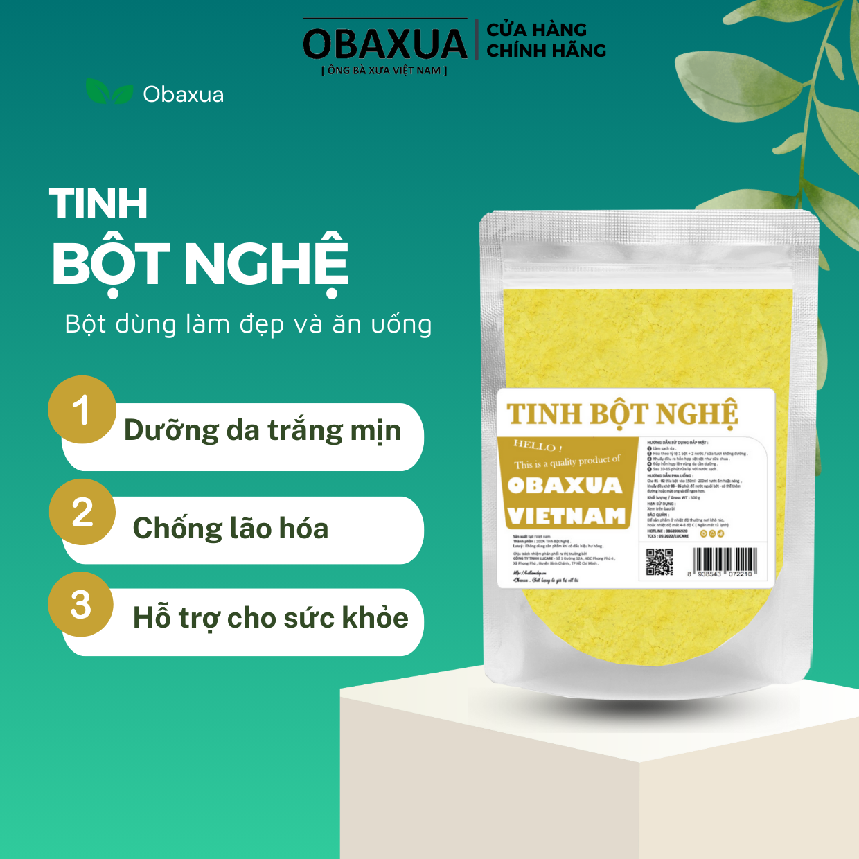 Tinh bột nghệ nguyên chất Obaxua - Hỗ trợ đau dạ dày, tiêu hóa - Đắp mặt dưỡng trắng da mịn màng,  xóa mờ thâm nám tàn nhang hiệu quả