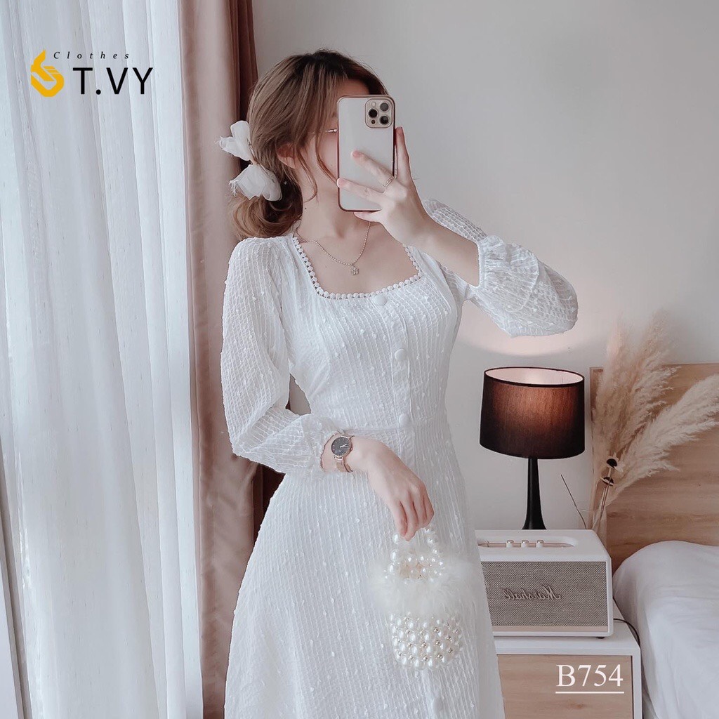 Đầm dự tiệc đầm trắng cổ vuông tay phồng dáng dài Manet Dress