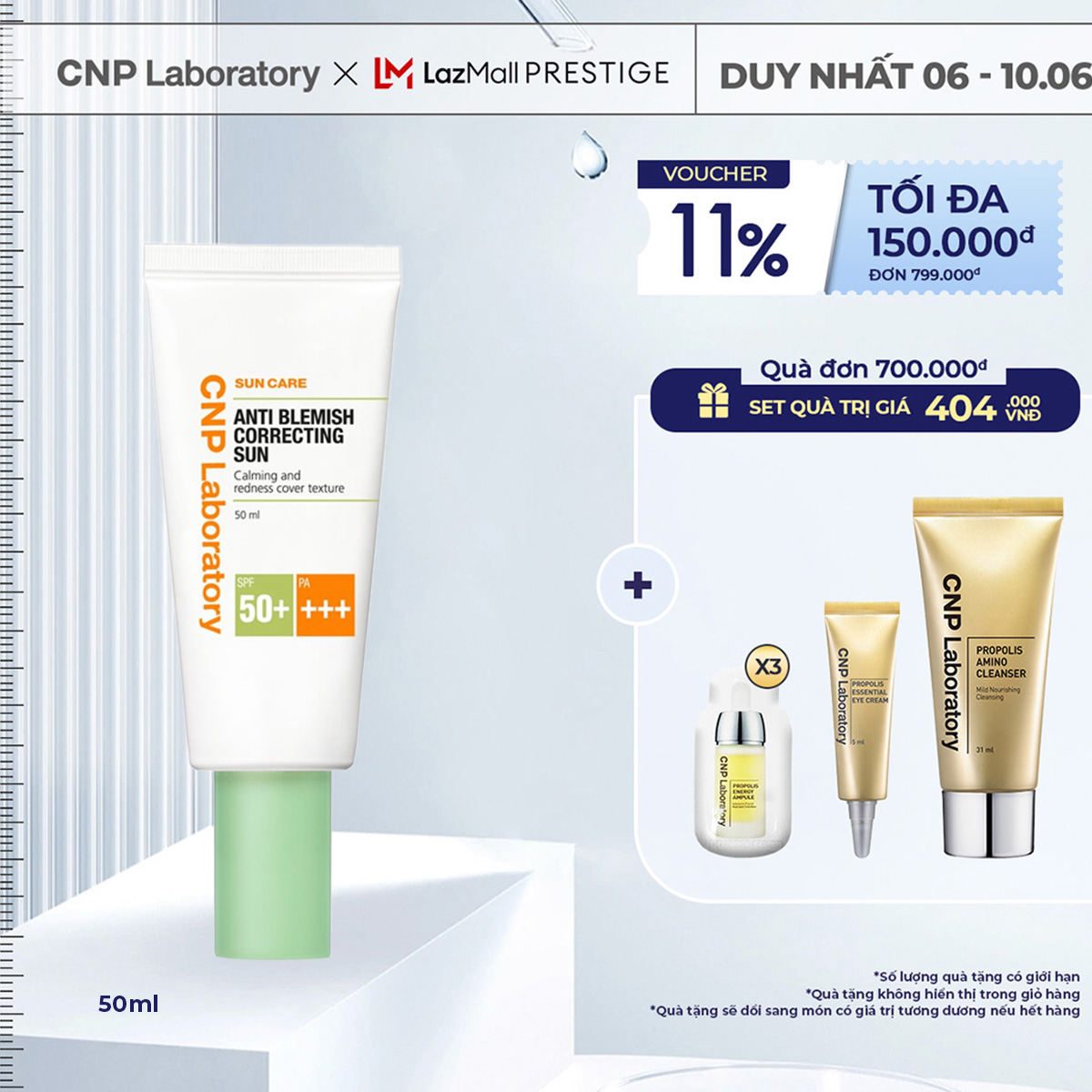 Kem chống nắng làm dịu và giảm mẩn đỏ cho da mụn CNP Laboratory Anti Blemish Correcting Sun SPF50+/PA+++ 50ml