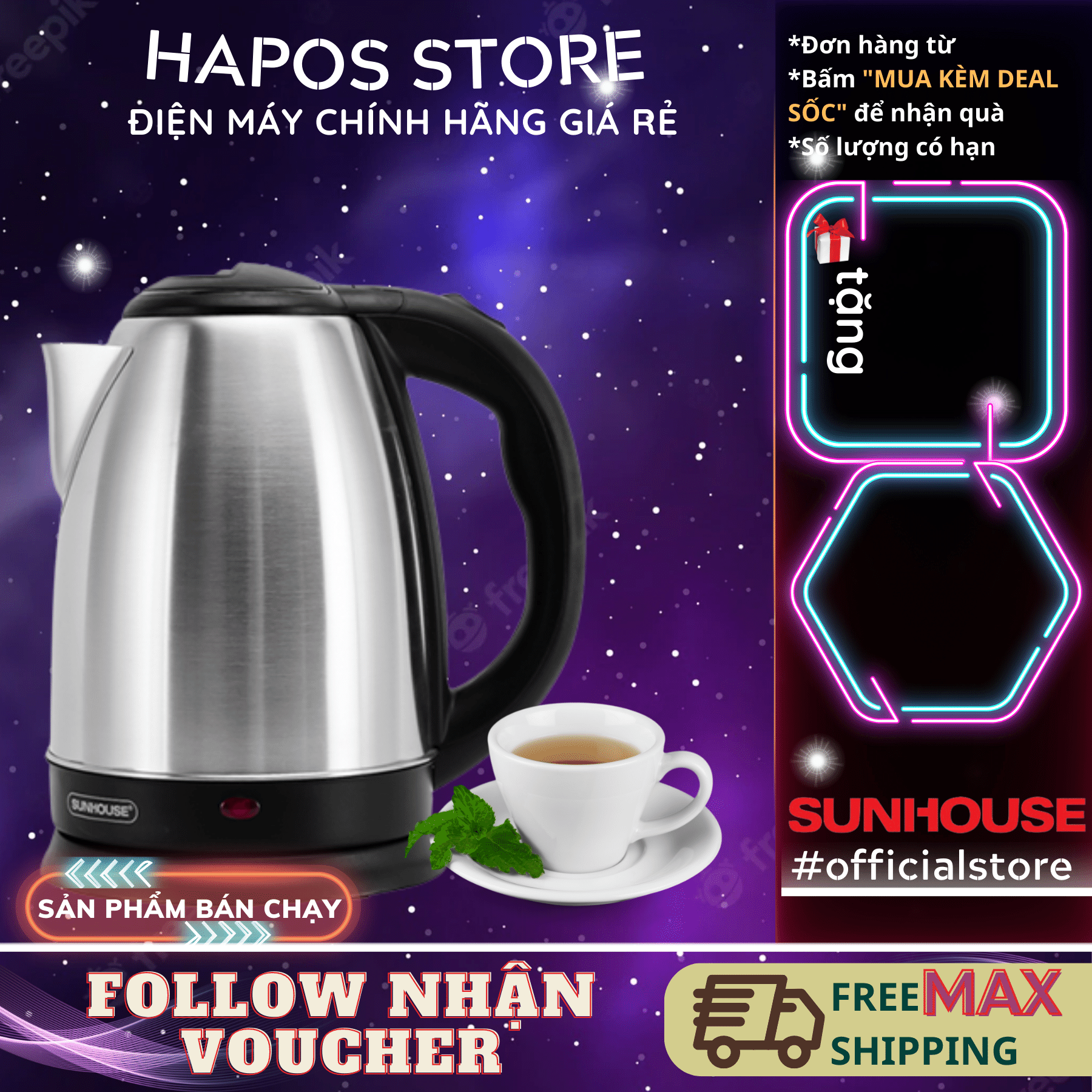 Ấm siêu tốc sunhouse happy time 1,8l bình đun siêu tốc inox cách nhiệt htd1081 công suất 1500w tự ngắt - hapos