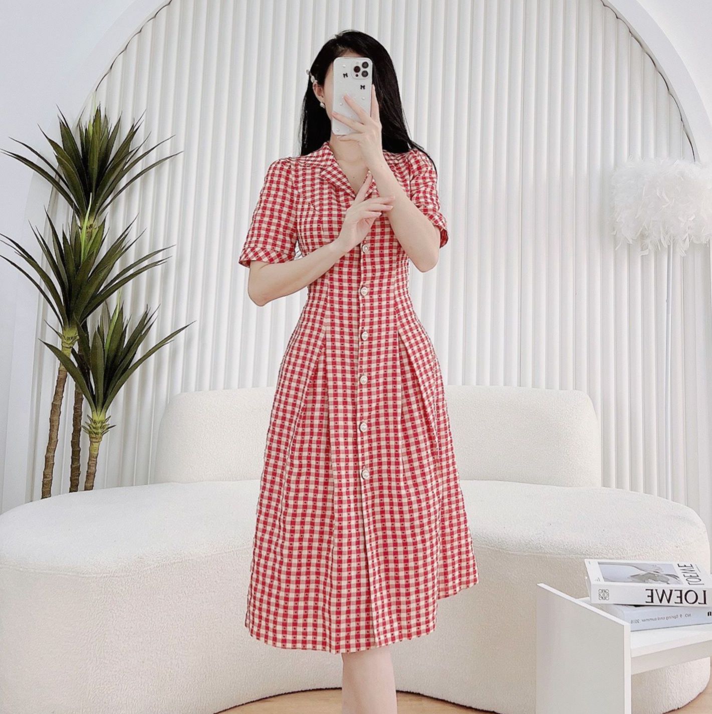 Váy đầm dáng suông kẻ caro hàng cúc dọc thiết kế cổ vest tay ngắn thời trang nữ Evaclothes