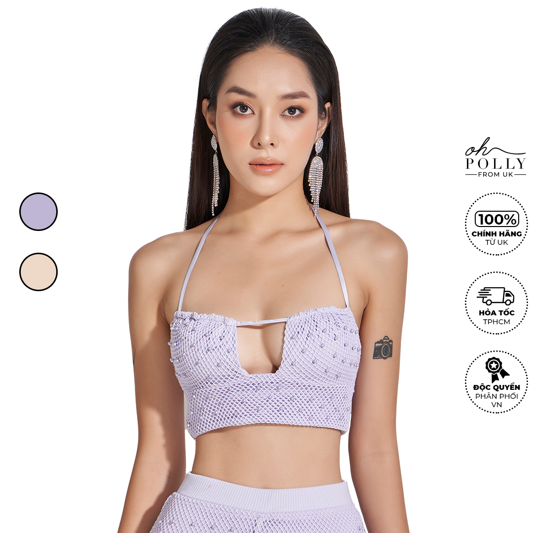 Oh Polly - Áo croptop cổ yếm len móc đính hạt, sexy khoét ngực