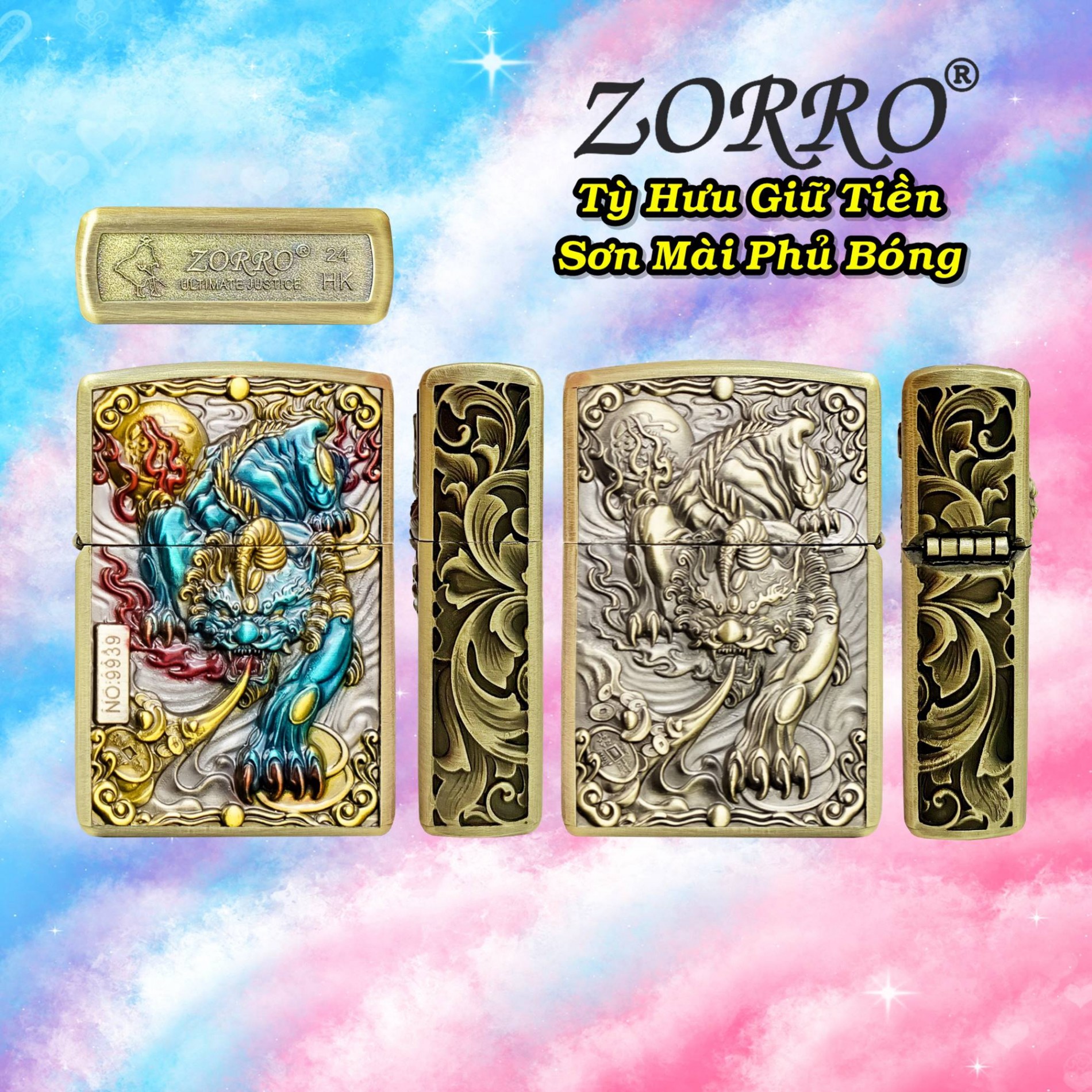 HỘP QUẸT BẬT LỬA ZIPPO ZORRO XĂNG ĐÁ KHẮC DẬP NỔI 6 MẶT HÌNH TỲ HƯU GIỮ TIỀN