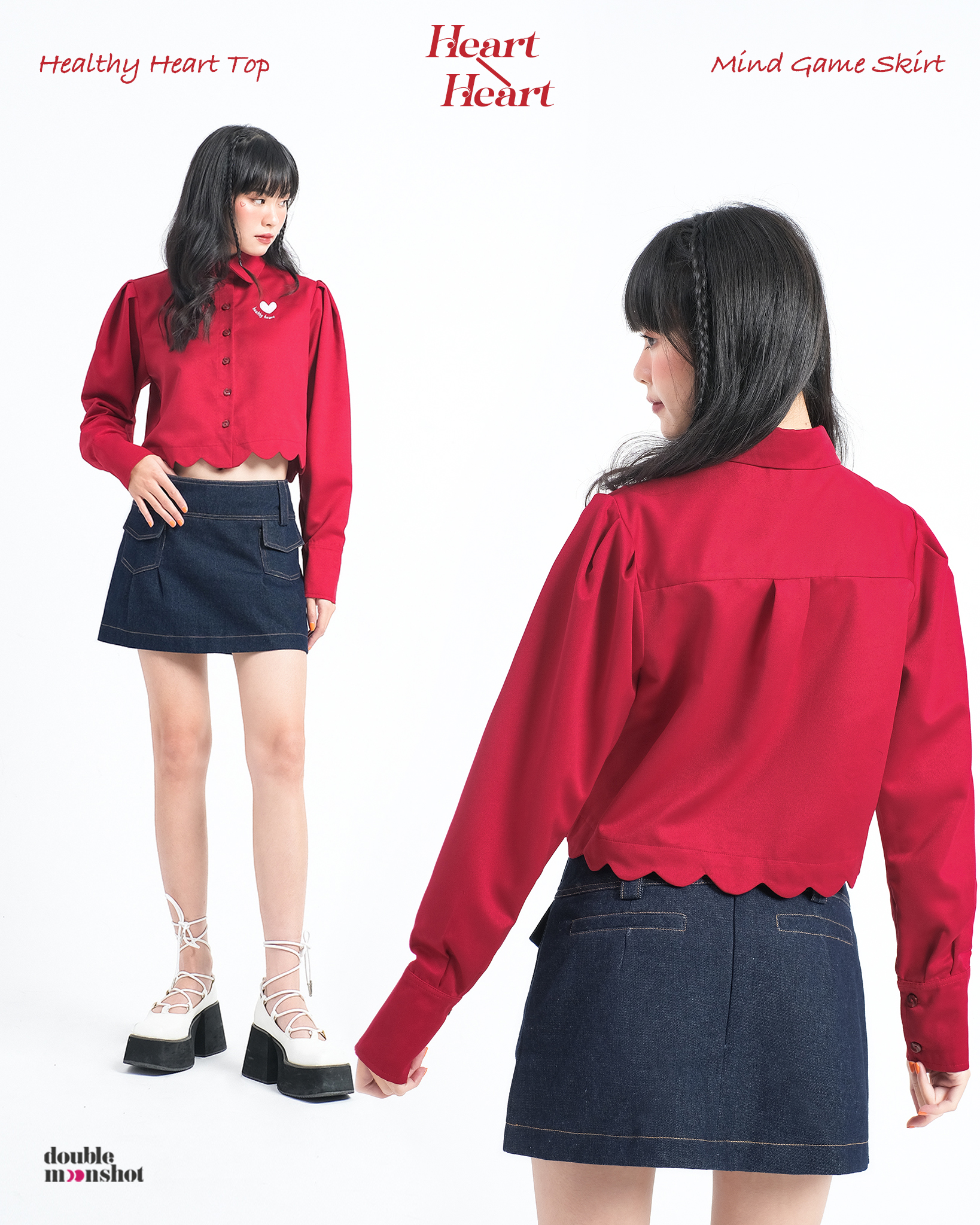 Double Moonshot - Áo sơmi croptop tay dài line lượn cong thêu chữ