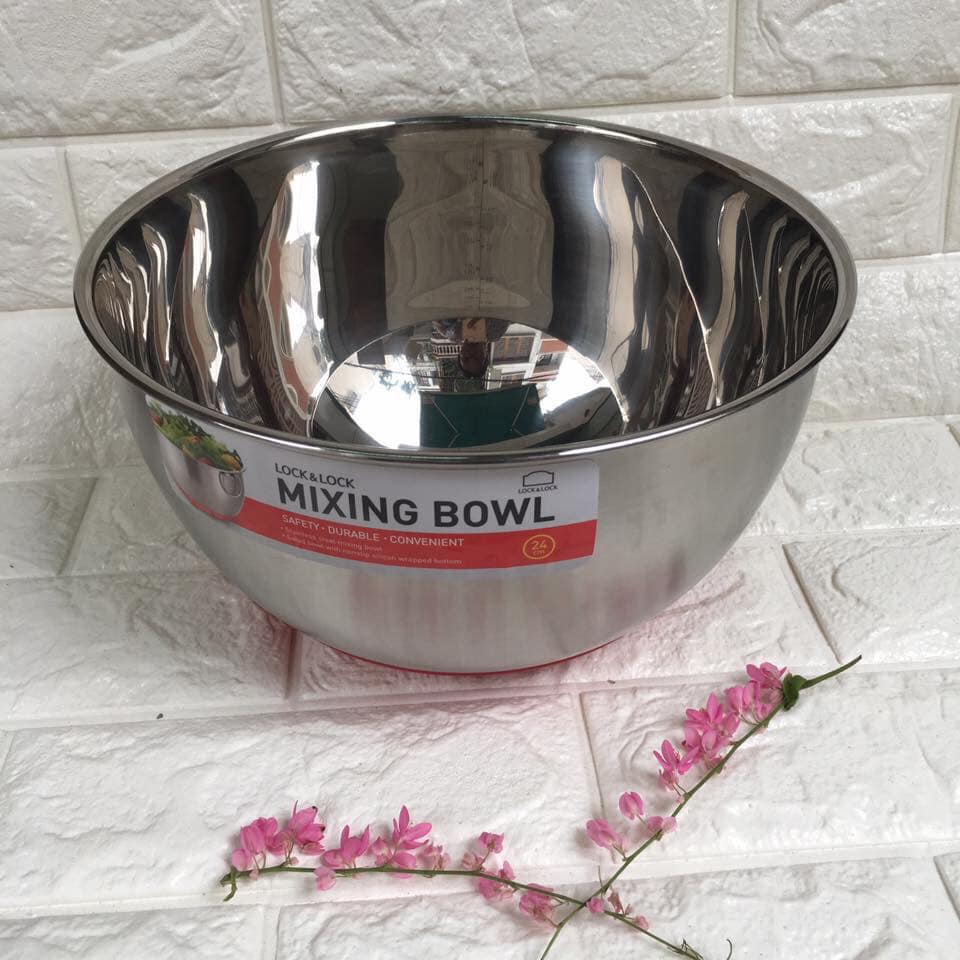 Tô trộn sâu lòng inox lock and lock mixing bowl 24cm mix2242 có thang đo dung tích, đế chống trượt, tay cầm silicon
