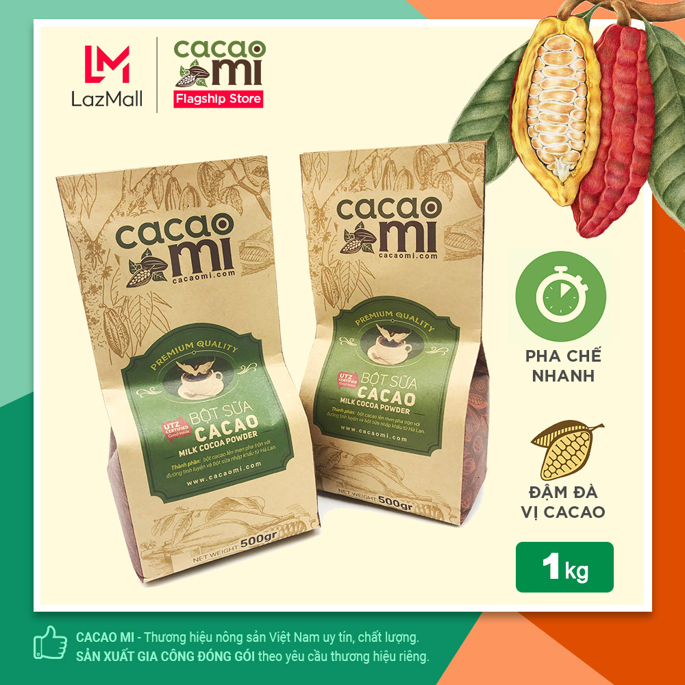 Bột ca cao sữa hoà tan 3in1 CACAOMI đậm đà vị cacao nguyên chất thơm ngon chuyên pha chế socola chocolate nóng, trà sữa, milo dầm, chuẩn UTZ xuất khẩu 1kg