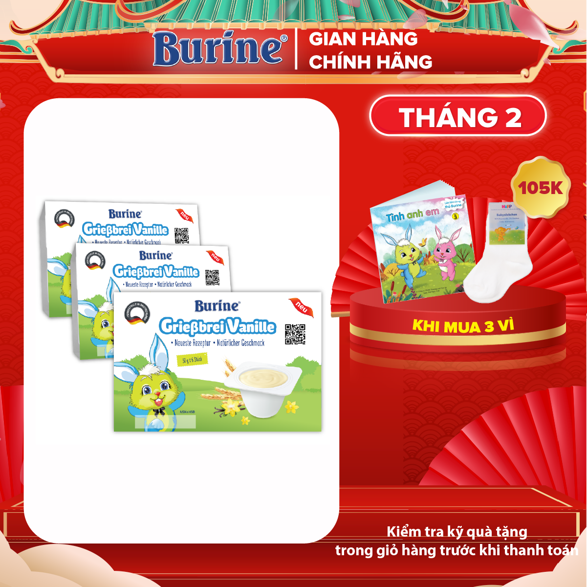 [Có Mix Vị] Combo 3 vỉ Cháo sữa ăn dặm Burine vani dành cho bé từ 6 tháng tuổi - Nhập khẩu 100% từ Đức - Lốc 6 hũ x 50g