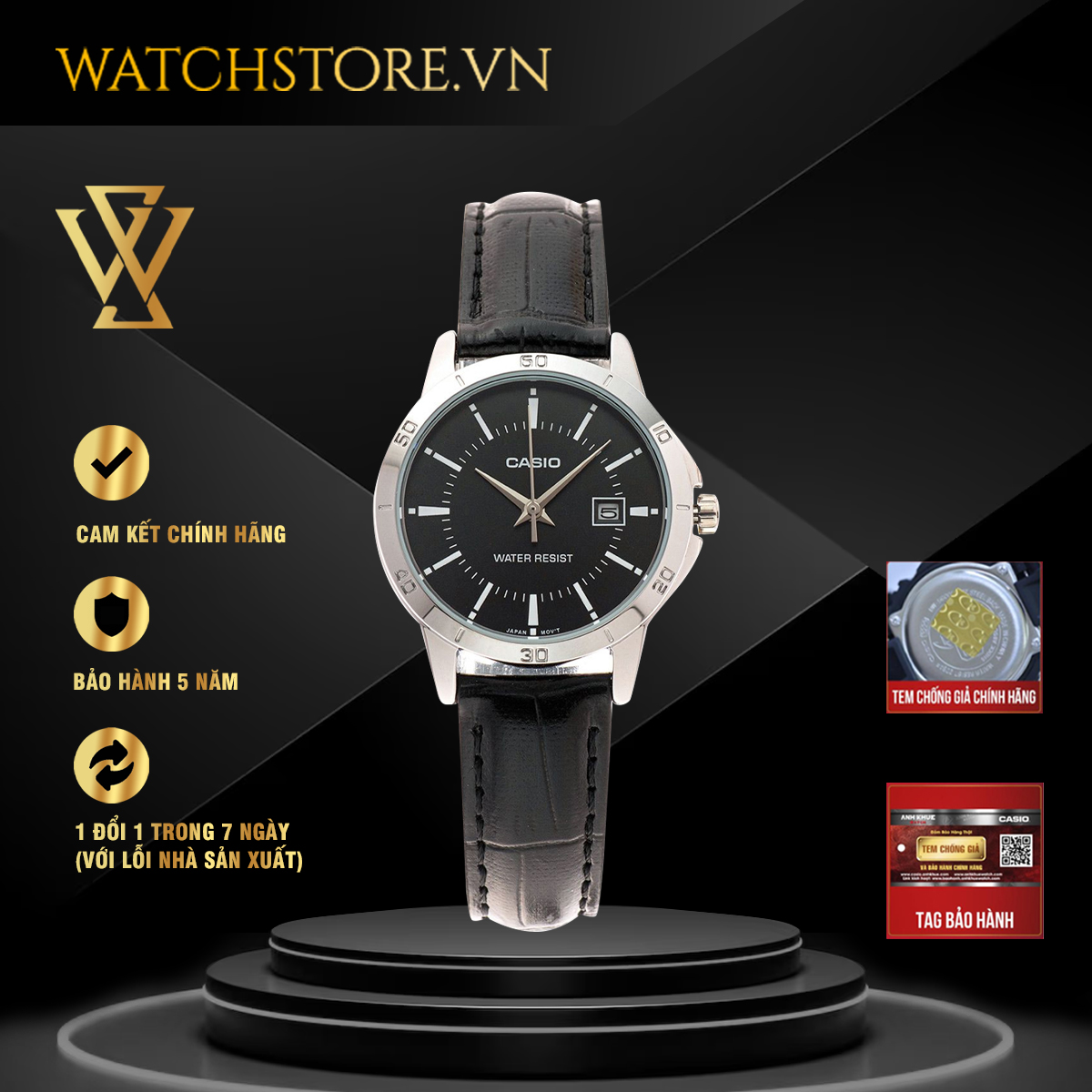 Đồng hồ quartz nữ casio chính hãng watchstore ltp-v004l-1audf thiết kế mặt tròn kính khoáng 30.3mm, dây da, vỏ thép không gỉ