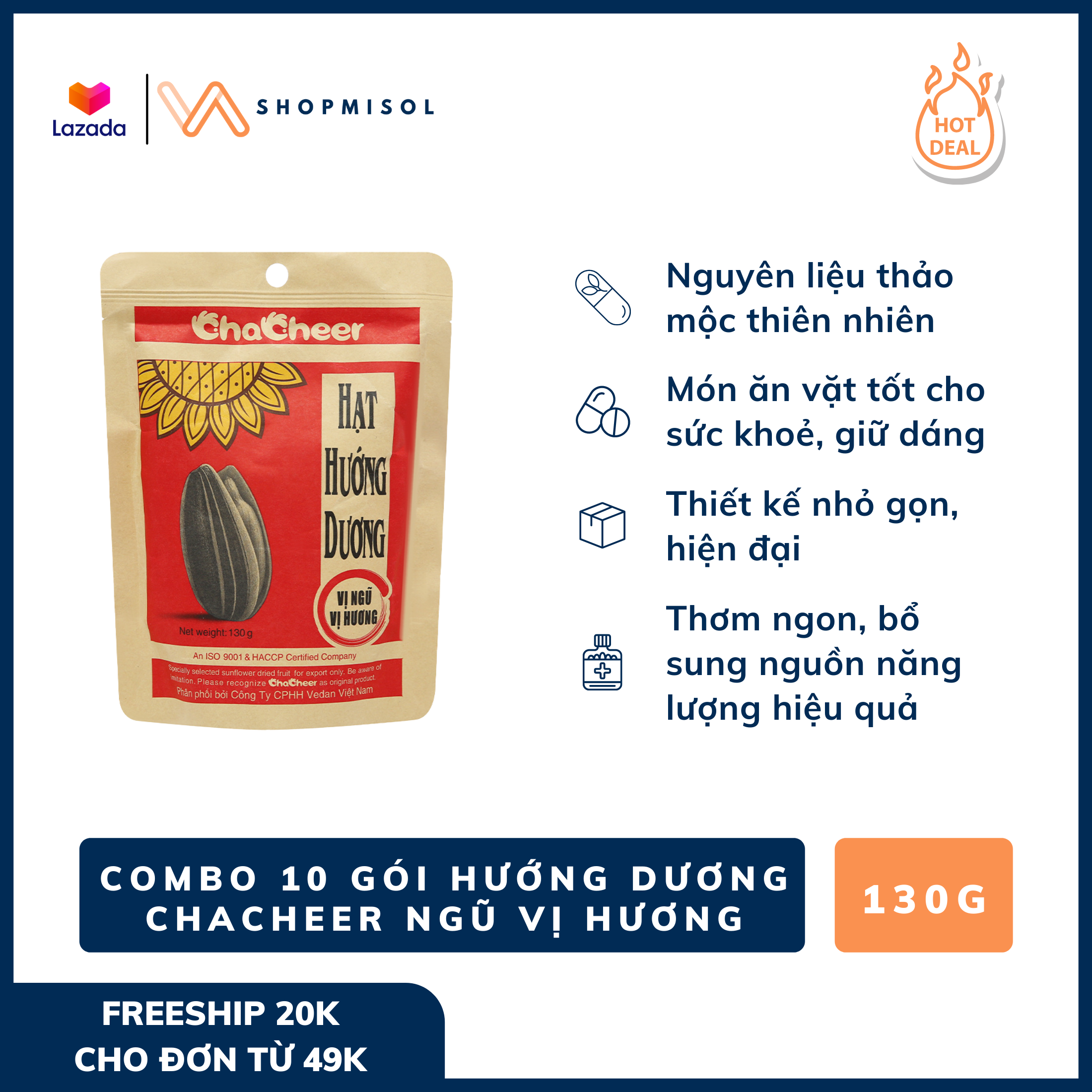 [HCM]COMBO 10 GÓI Hạt hướng dương Chacheer vị dừa GÓI 130G - Thơm ngon giàu dinh dưỡng thiết kế nhỏ gọn thích mang theo bên người
