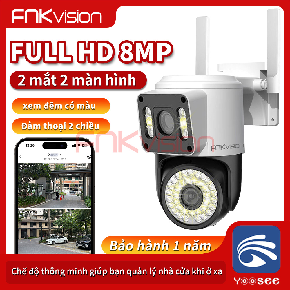 Camera Fnkvision 2 mắt Yoosee, chống nước quan sát 360 độ cực rõ nét 8.0MP, thao tác qua điện thoại