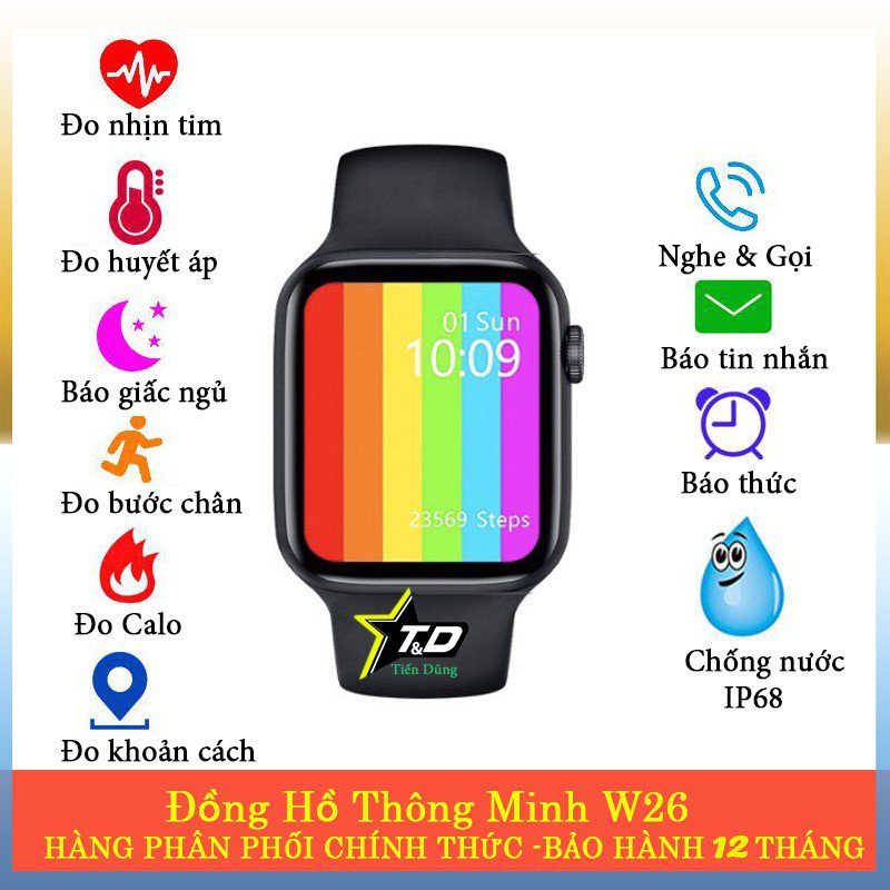 [BẢN NÂNG CẤP] Đồng Hồ Thông Minh Series 6 W26, Touch Screen Full 1.75 Inch, Màn Viền Tràn Cực Đẹp, Smartwatch Sử Dụng Chip S6 Đa Chức Năng, Tiếng Việt 100%, Đo Nhịp Tim, Chạy Bộ, Hiển Thị Cuộc Gọi, Thông Báo Tin Nhắn Kháng Nước Chuẩn 3 ATM,