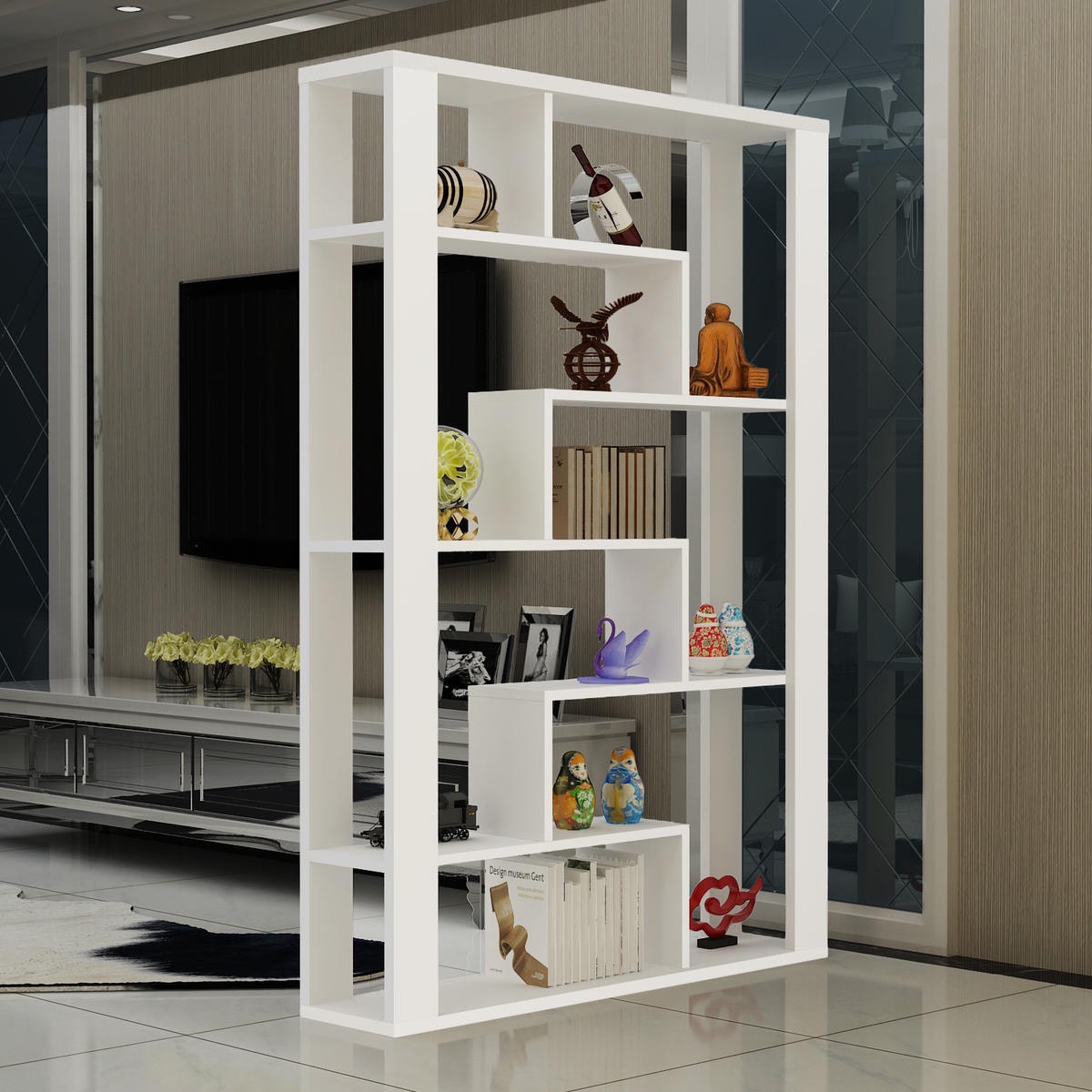 Kệ sách-kệ trang trí phòng khách-Vách ngăn mới gỗ MDF