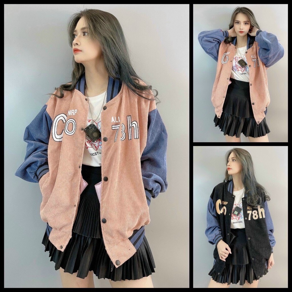 Áo Khoác nhung tăm phom thụng, áo bomber nữ nhung phối màu cá tính NL04