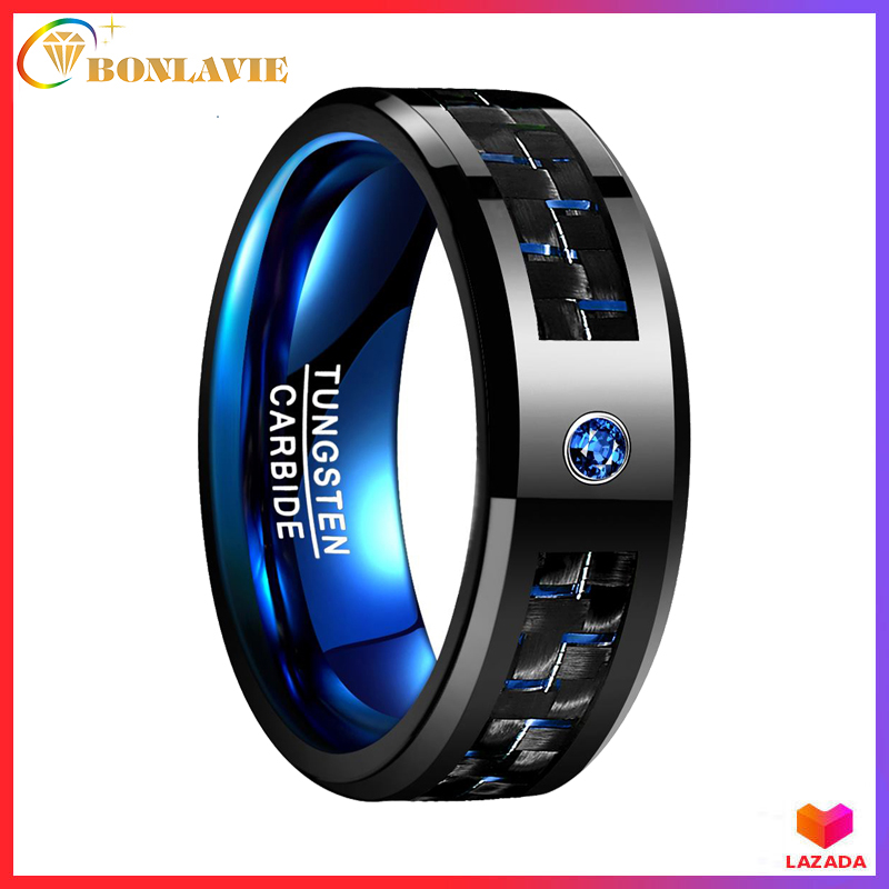 BONLAVIE Men's 8mm Black Tungsten Carbide Ring Blue Carbon Fiber Polished Finish Engagement Wedding Band Comfort Fit 6-15