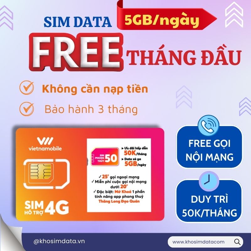 Sim 4G Vietnamobile data 5Gb/1Ngày 150Gb/1Tháng Không Cần Nạp Tiền, miễn phí 20 phút gọi ngoại mạng