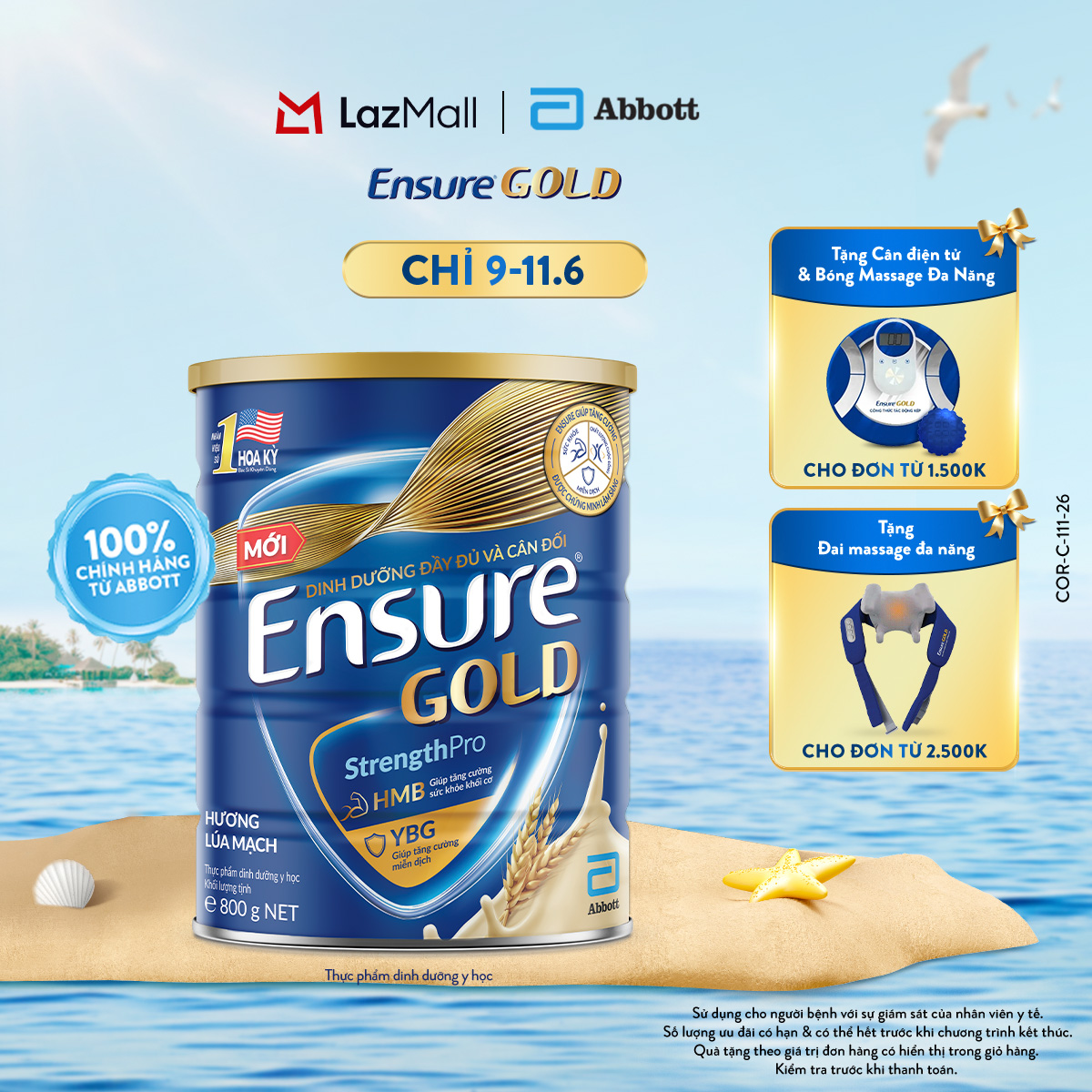 [CHỈ 11.06 QUÀ TẶNG CHO ĐH 1500K/2500K-SLCH] Lon sữa bột Ensure Gold hương lúa mạch 800g
