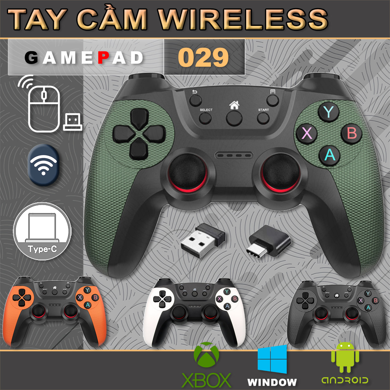 Tay cầm chơi game r029 - wireless 2.4 ghz, otg usb type-c - gamepad chơi game điện thoại, pc, ps3, xbox 360, tivi box