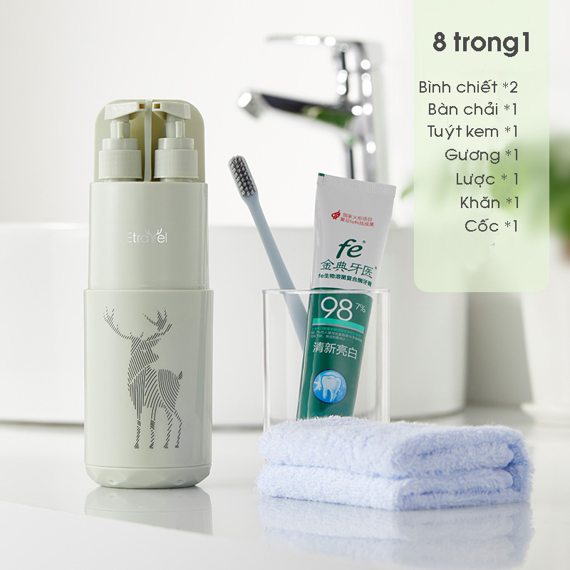 Bình du lịch đa năng 8 trong 1 đựng bàn trải, kem đánh răng, sữa tắm khăn mặt tặng kèm lược và gương