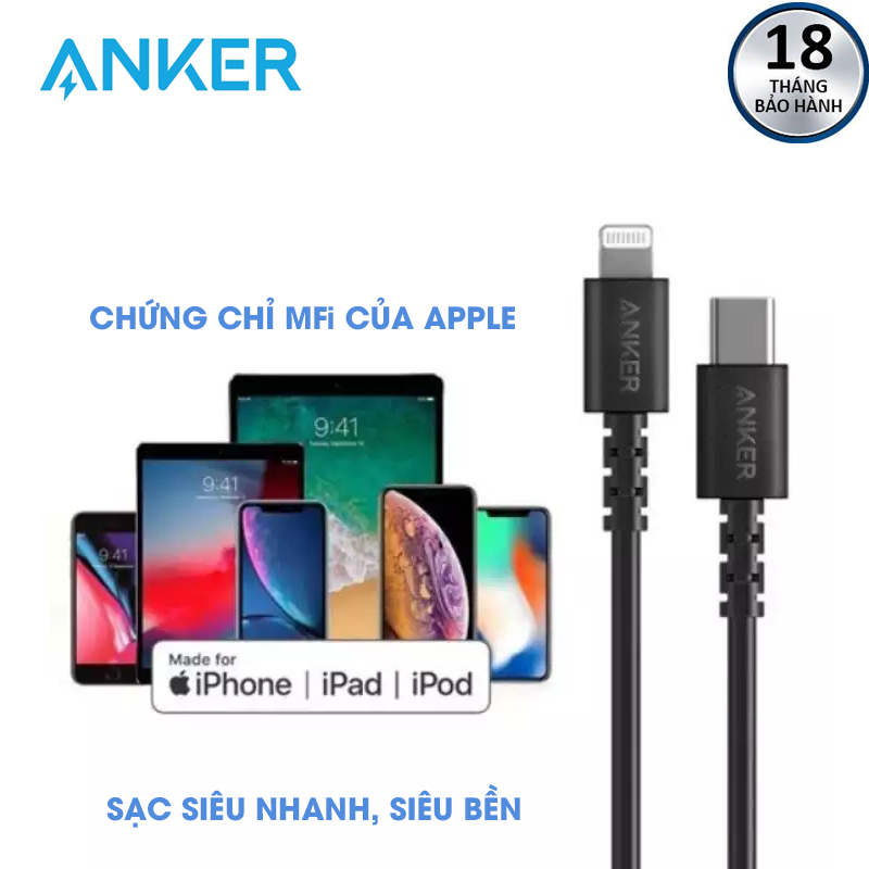 Cáp sạc siêu bền có chứng chỉ mfi anker powerline select lightning to usb-c dài 0.9m dành cho iphone a8612 -