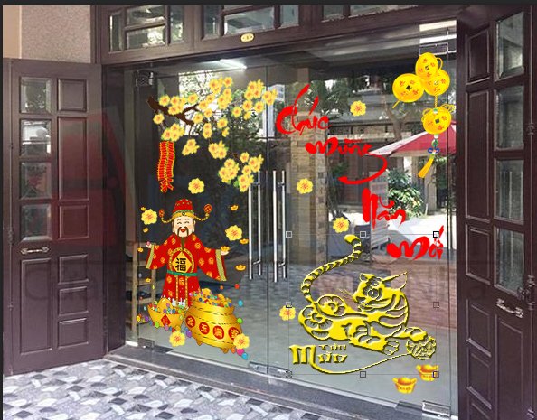 Decal trang trí cửa kính dán tường tết thần tài đến PK643