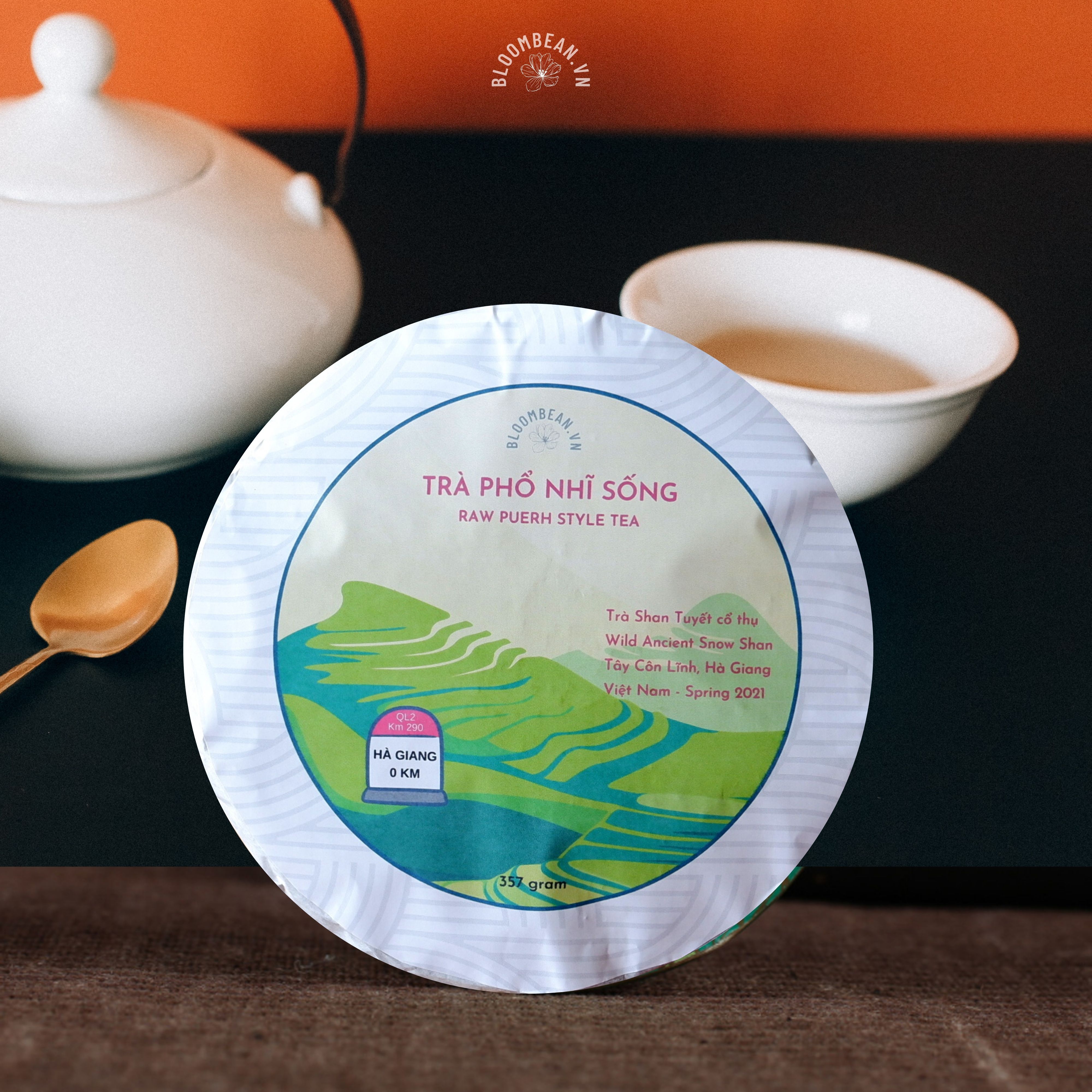Bánh trà phổ nhĩ sống 2021 - trà shan tuyết việt nam - 357 gram - bloombean