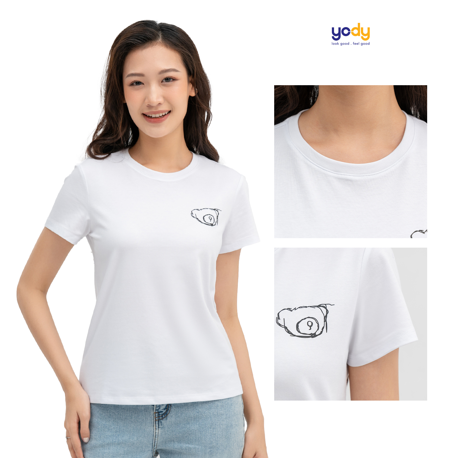 Áo thun nữ YODY basic cổ tròn in hình gấu vải bột ngô thấm hút tốt TSN6018