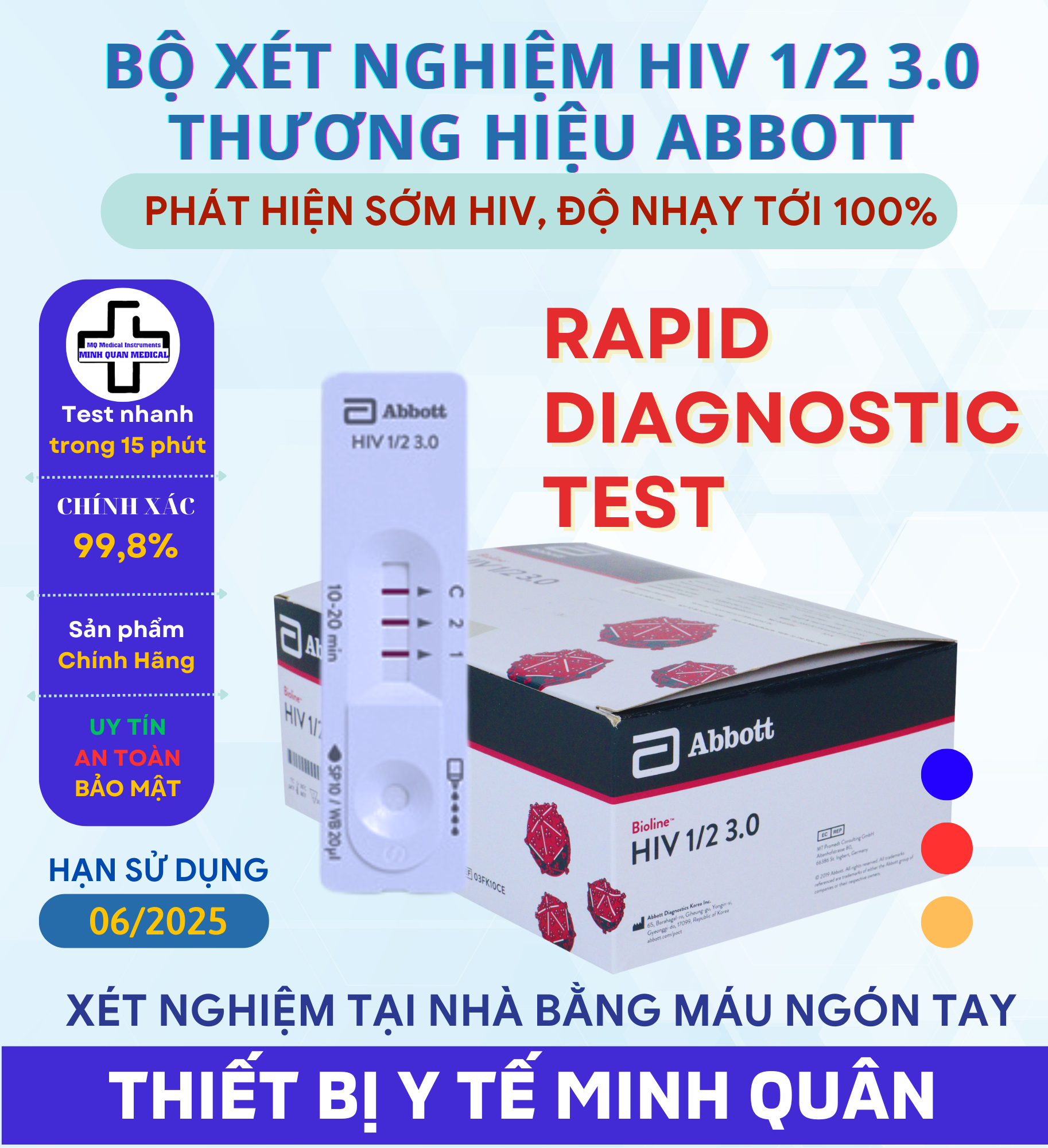 Bộ test xét nghiệm hiv 1/2 3.0, phát hiện sớm hiv thương hiệu abbott