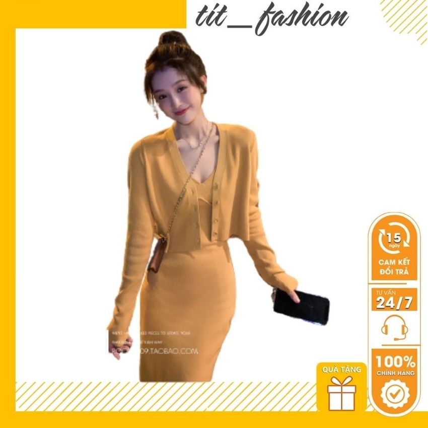 [ Free ship + Quà tặng ] Váy len 2 dây ôm body dáng dài mix áo cadigan tiểu thư phong cách thu đông Hàn Quốc