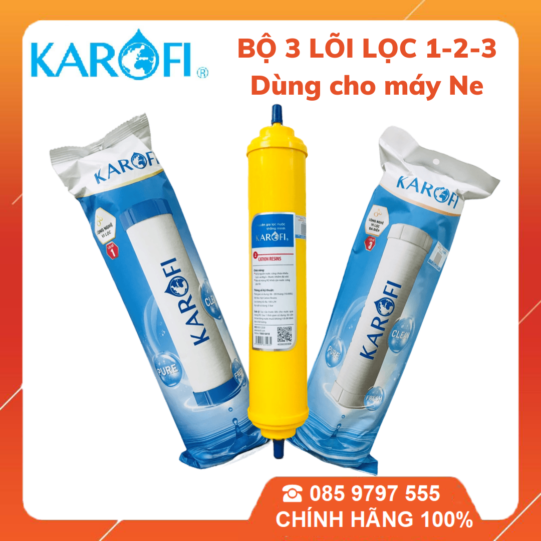 Lõi lọc nước karofi chính hãng- bộ 3 lõi lọc thô 123 karofi xử lý nước cứng - bộ lọc thô karofi- lõi số 2 cation vỏ t3- dùng cho máy n-e117, n-e118....